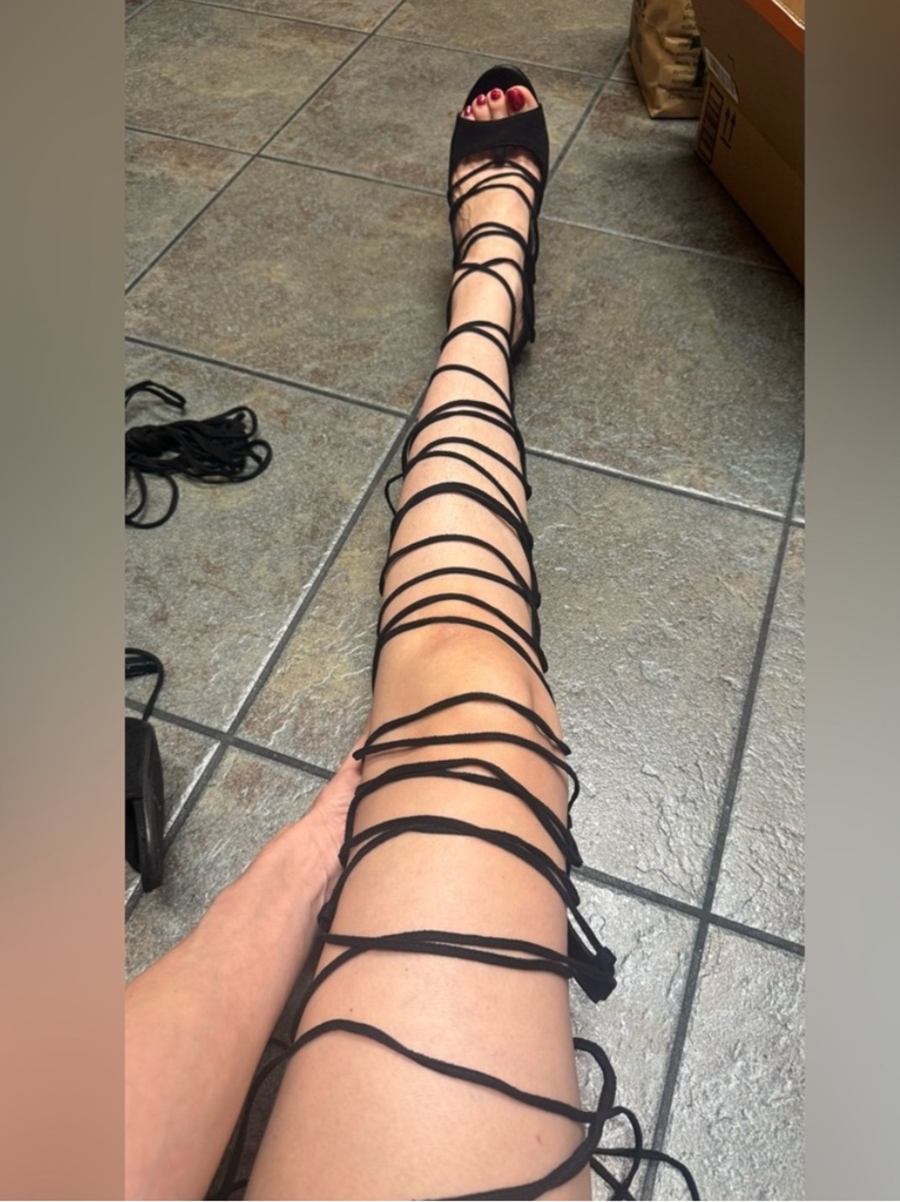 Black Lace-Up Gladiator Stiletto Sandals US 8